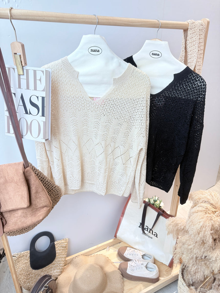 气质宽松软针织镂空V领上衣