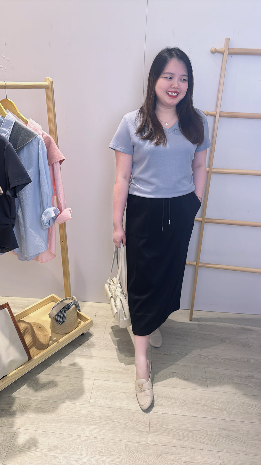 太空棉松紧腰后开叉直长裙