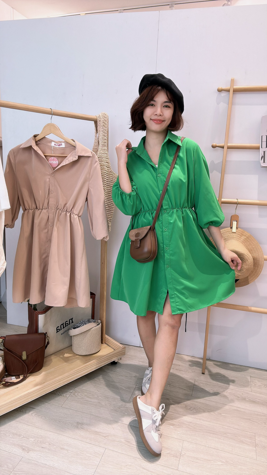 雪纺泡泡收腰袖连身裙