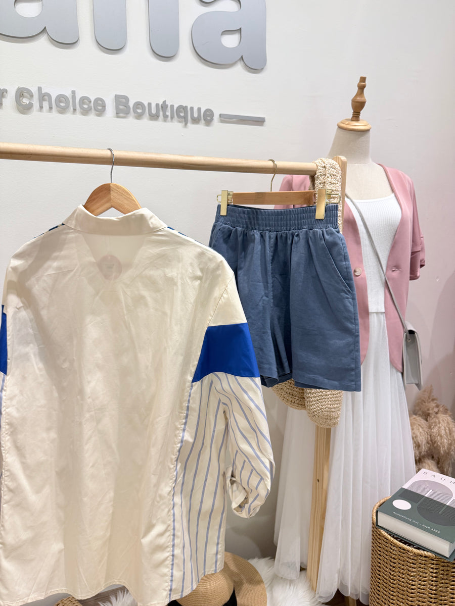 蓝色并接韩版宽松舒服上衣