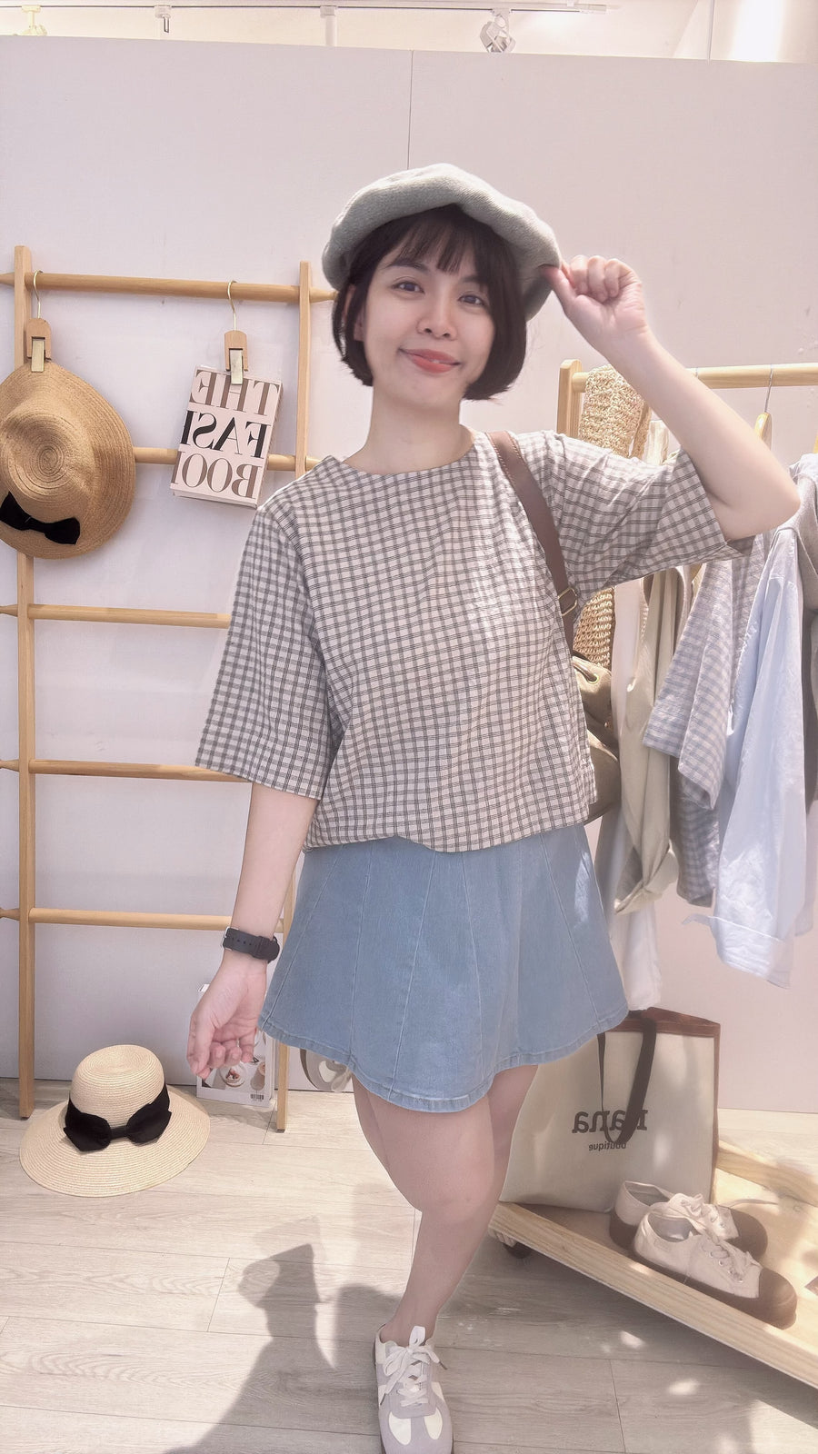 格子软麻宽松上衣