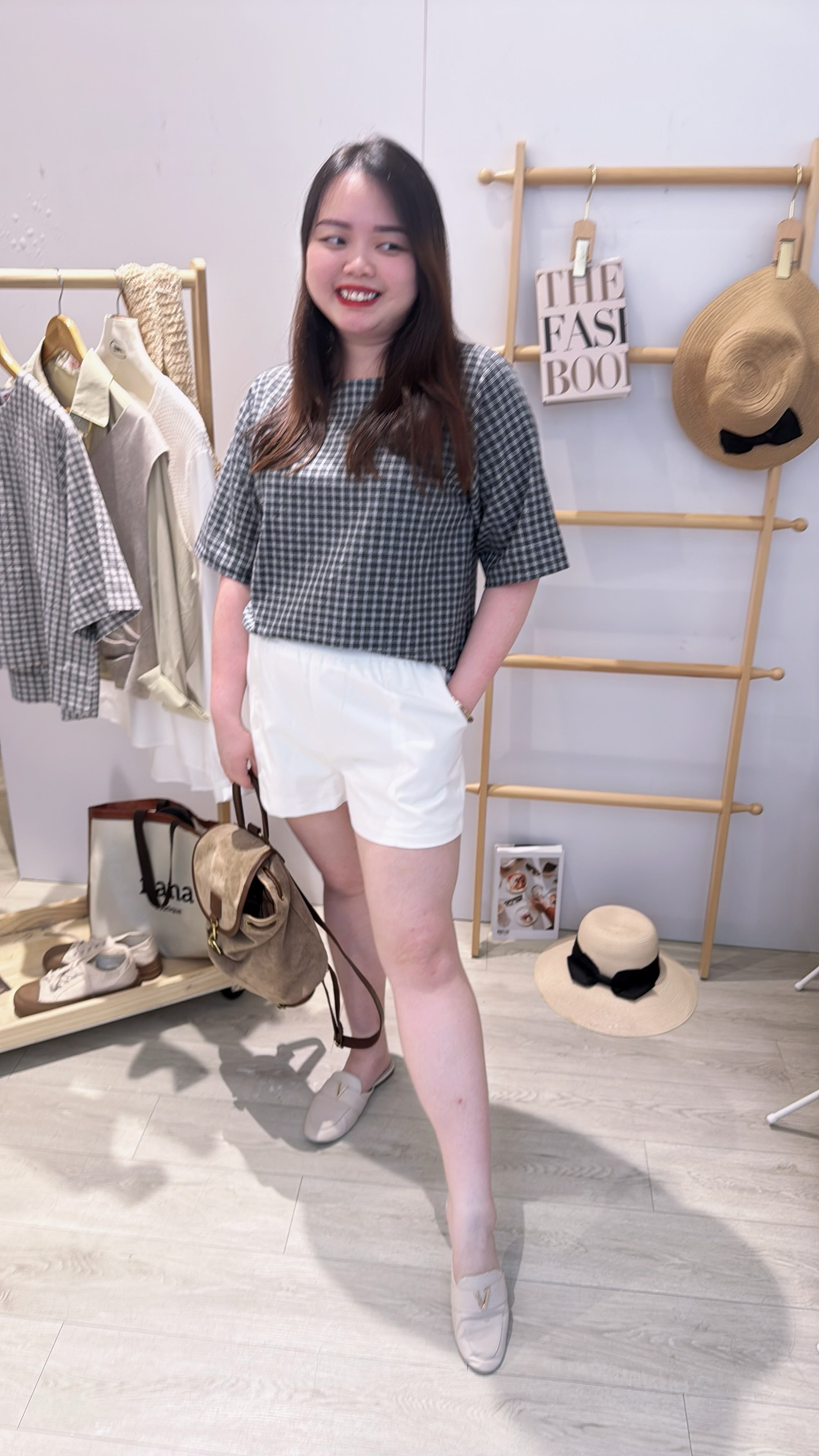 格子软麻宽松上衣