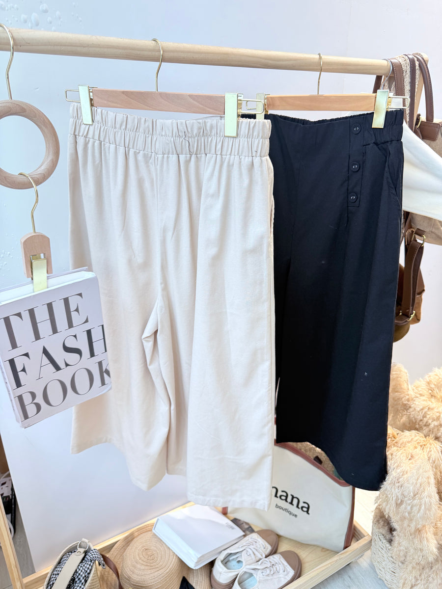 麻料松紧腰八分裤