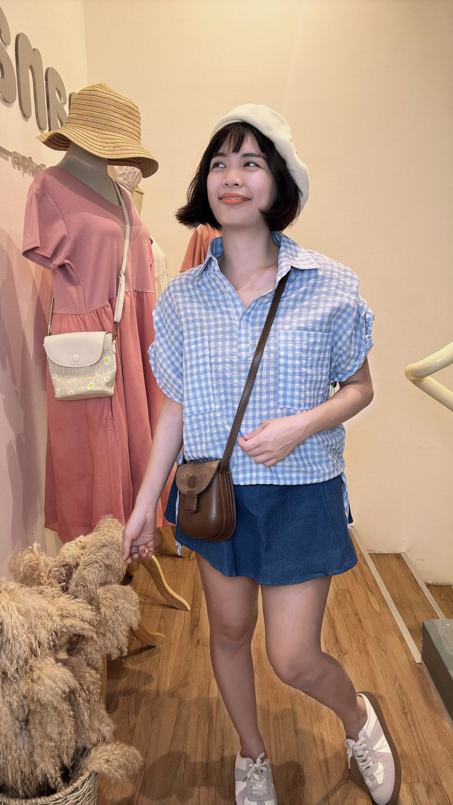 甜美格子薄款棉麻上衣