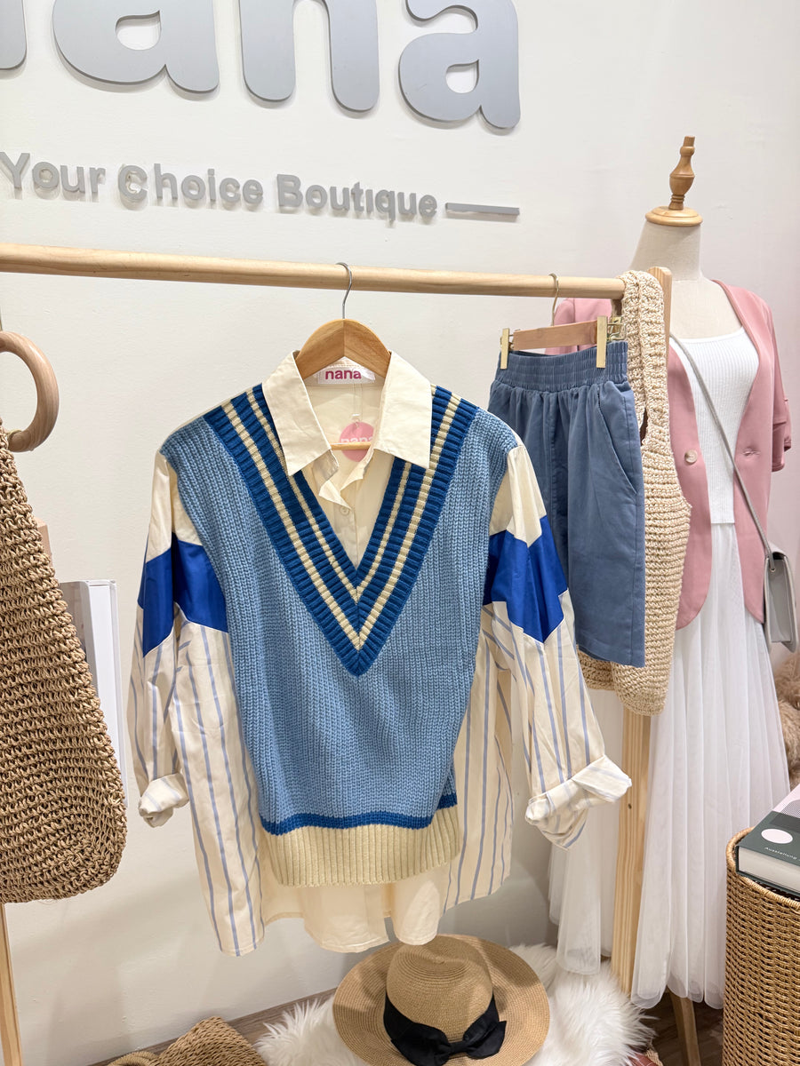 蓝色并接韩版宽松舒服上衣