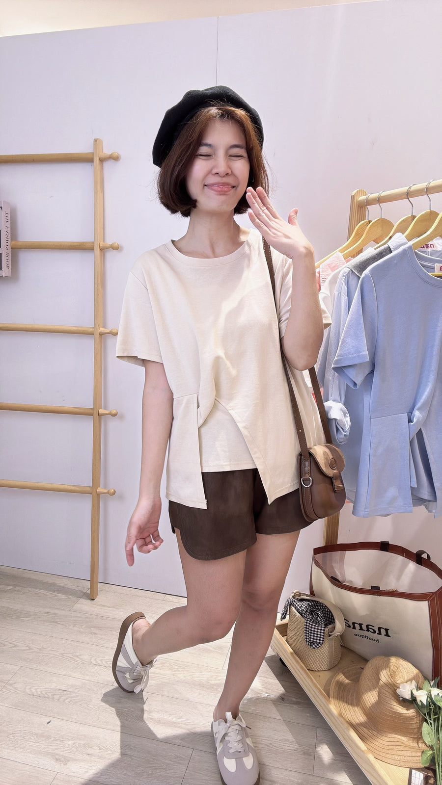 皱褶纯棉单色上衣