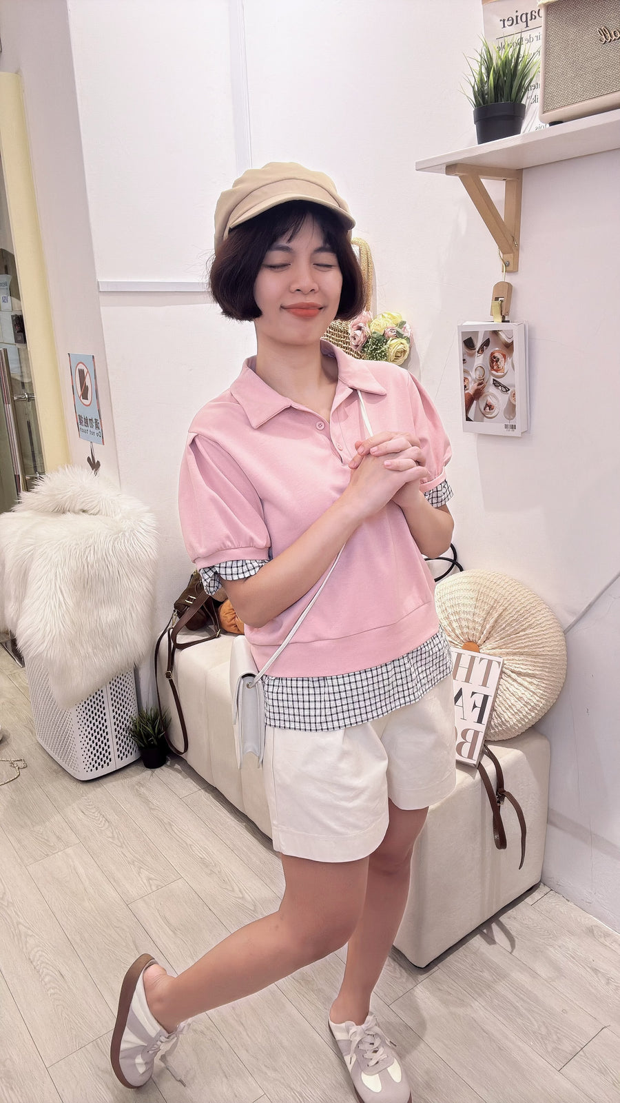 甜美滑滑棉质并接格子棉麻上衣