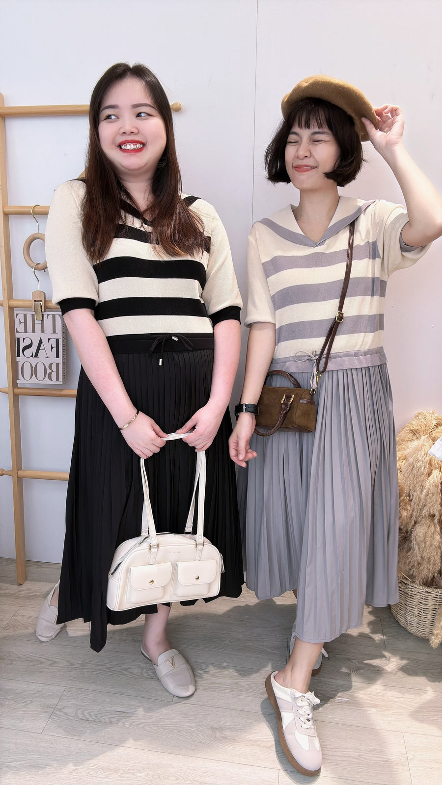 线条针织并接雪纺百折连身裙