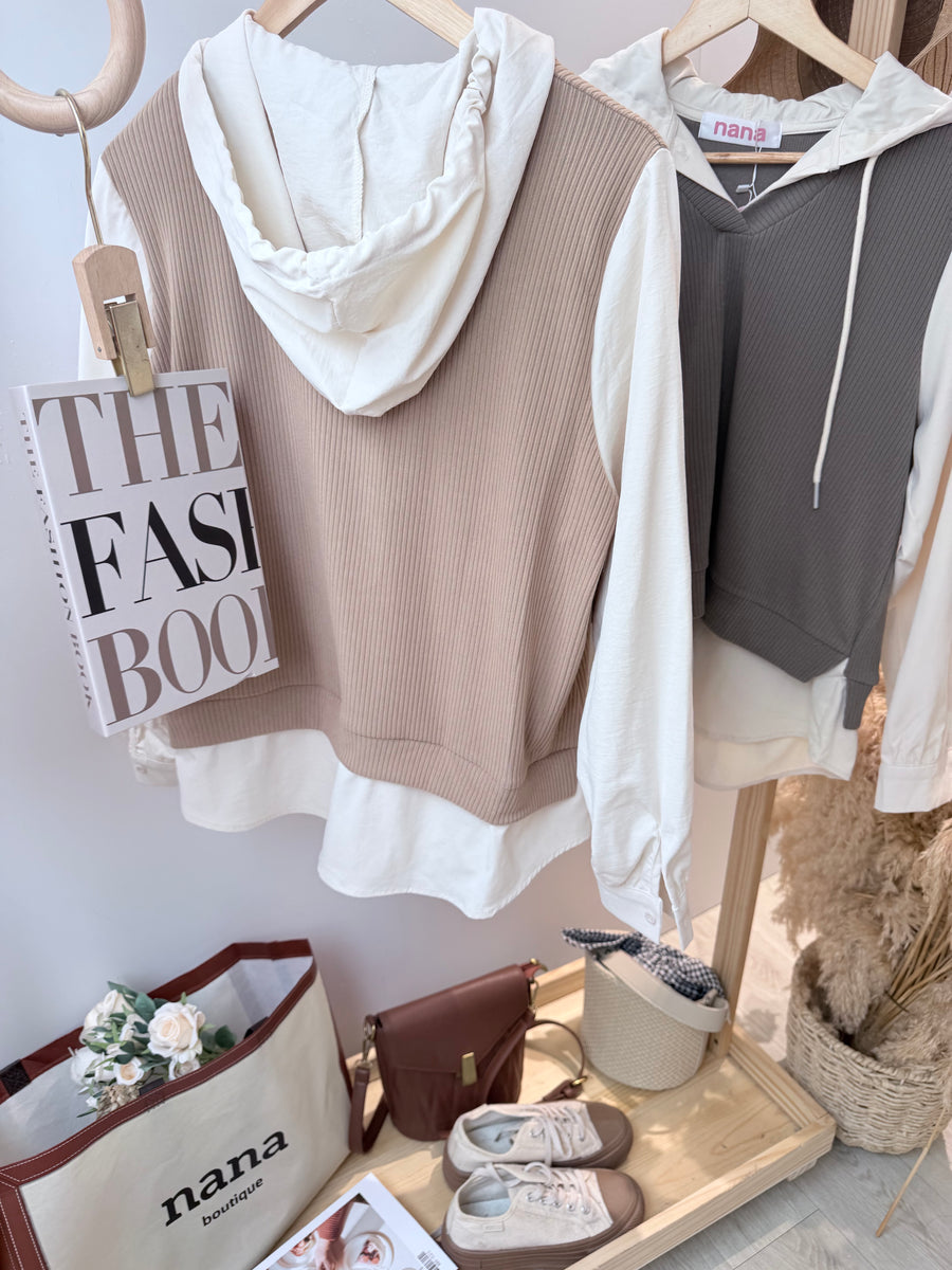 复古条纹撞色雪纺家两件连帽上衣