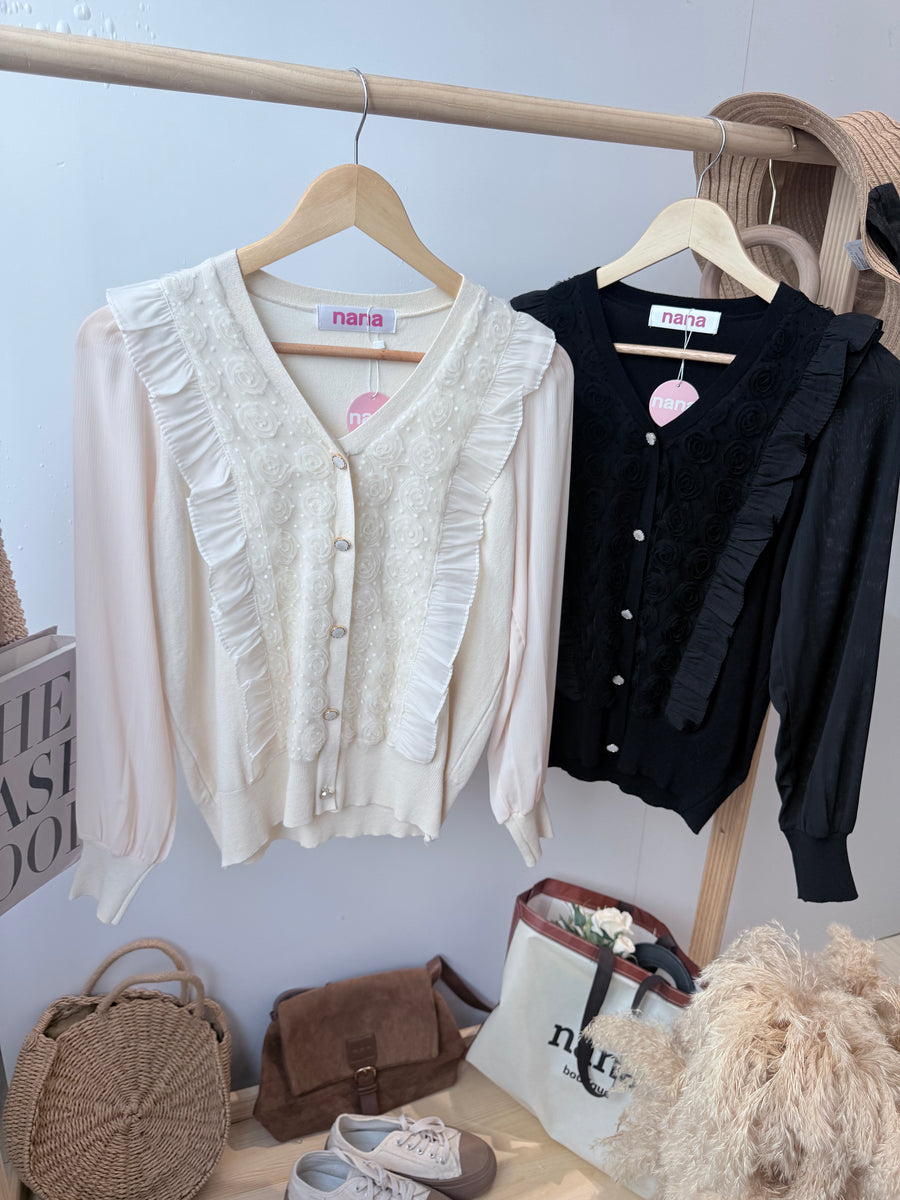 气质蕾丝玫瑰假钮雪纺软针织上衣