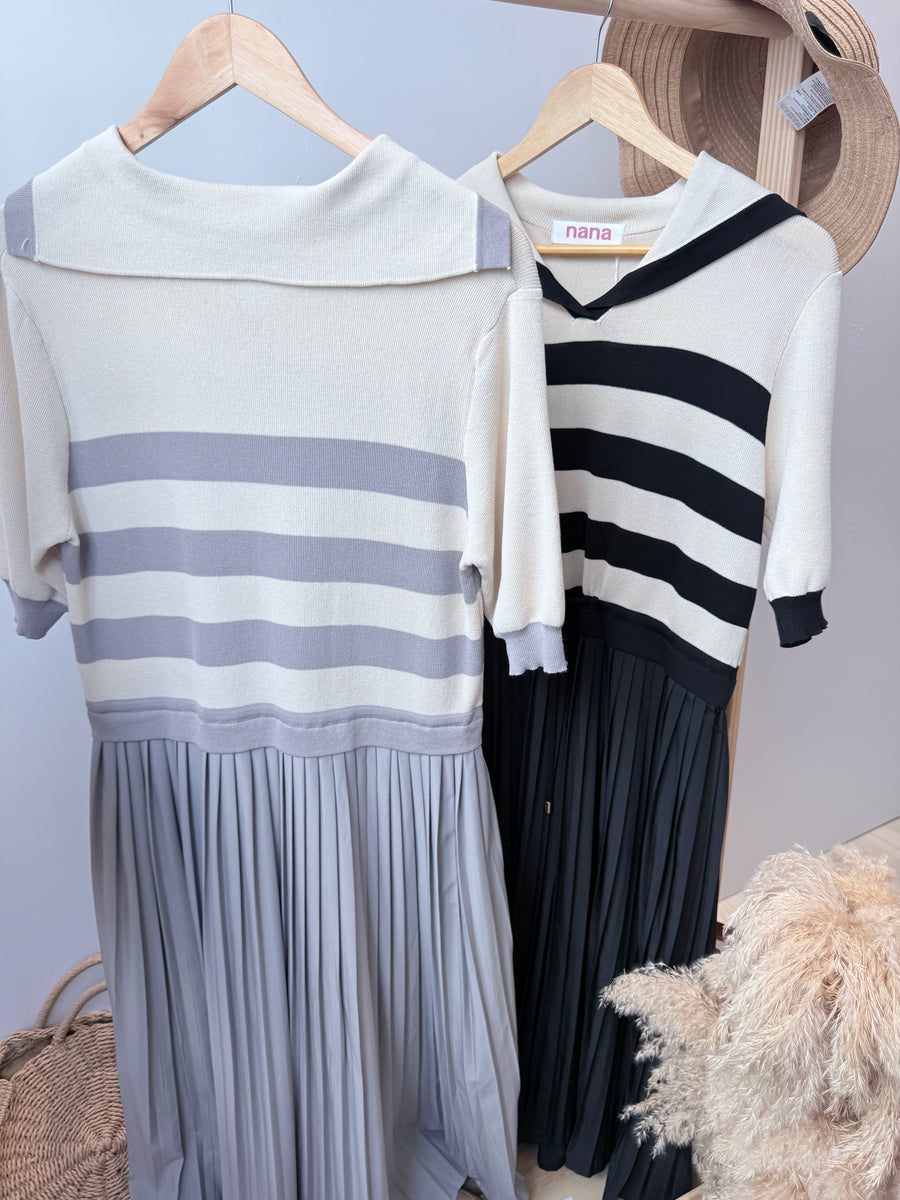 线条针织并接雪纺百折连身裙