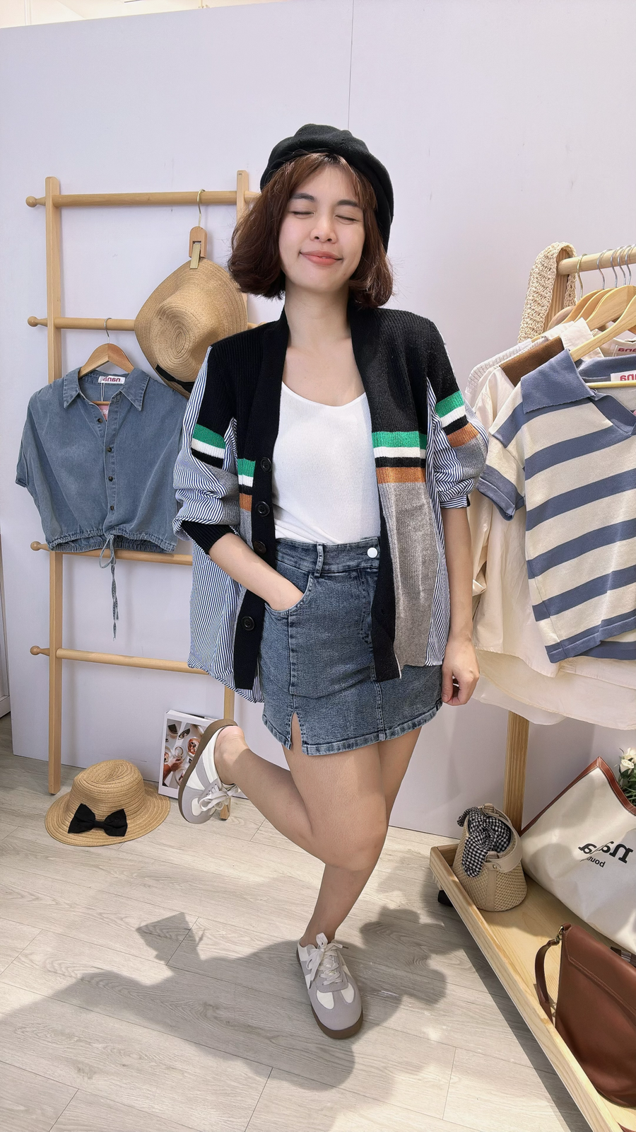 漂亮宽松针织并接衬衫上衣