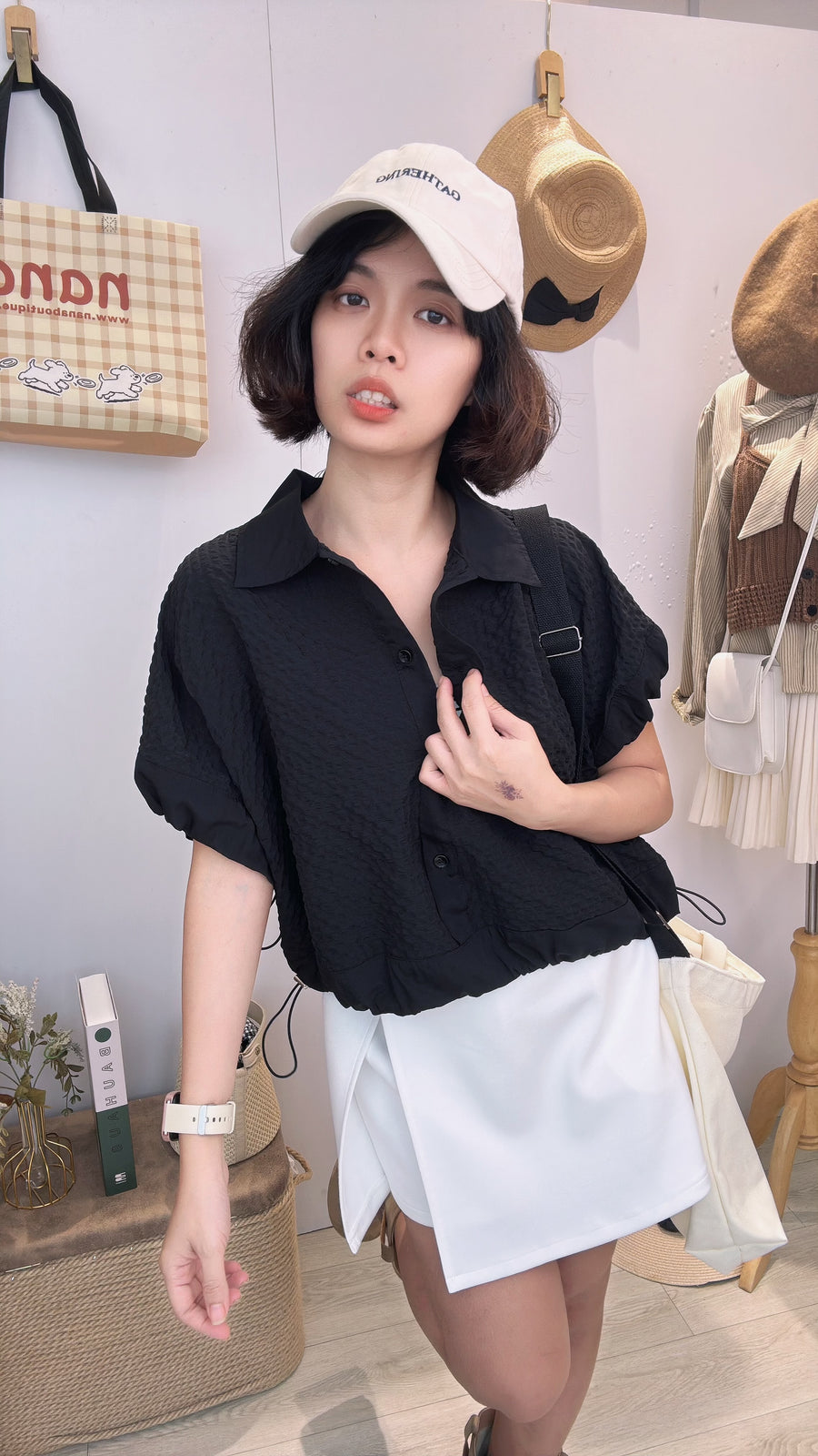 宽松抽绳设计泡泡显瘦衬衫