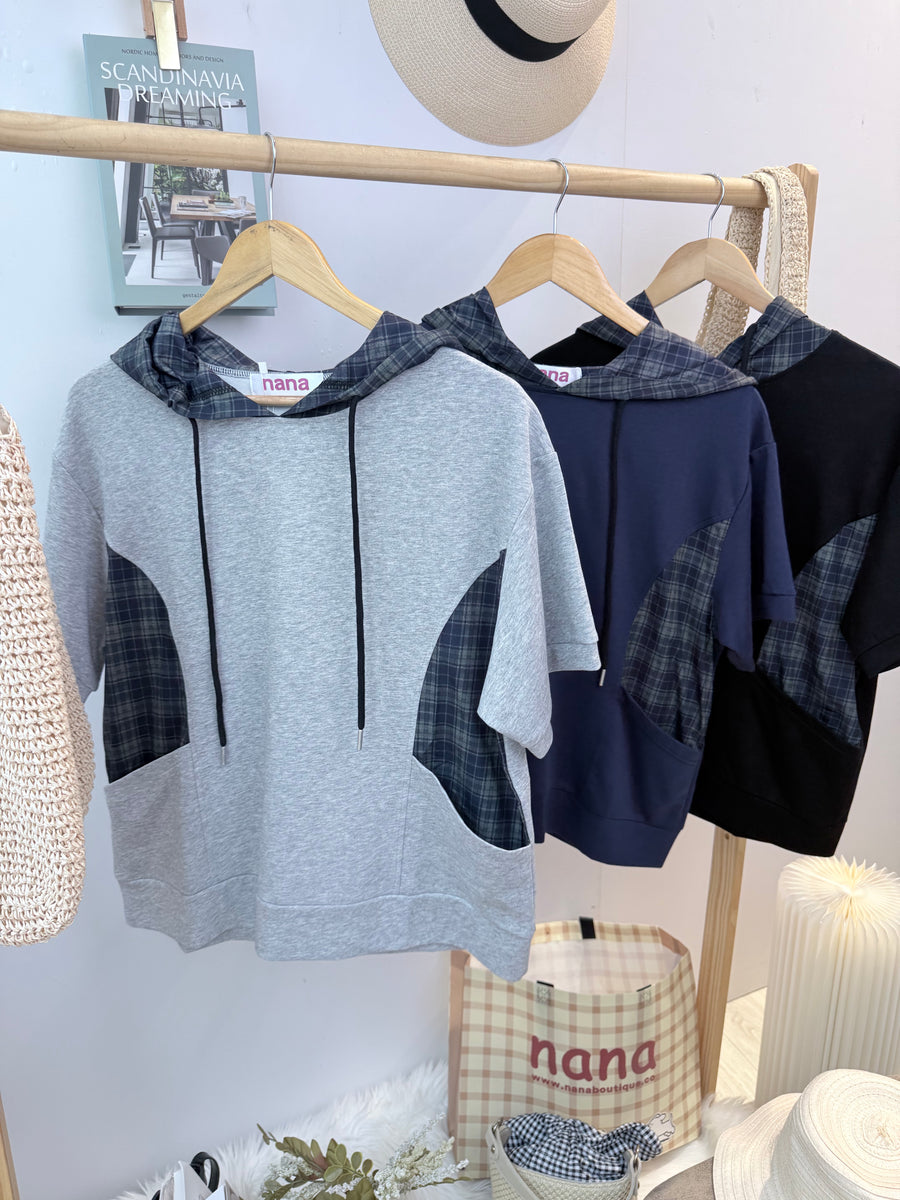 韩版好好看舒服格子连帽纯棉肩上衣