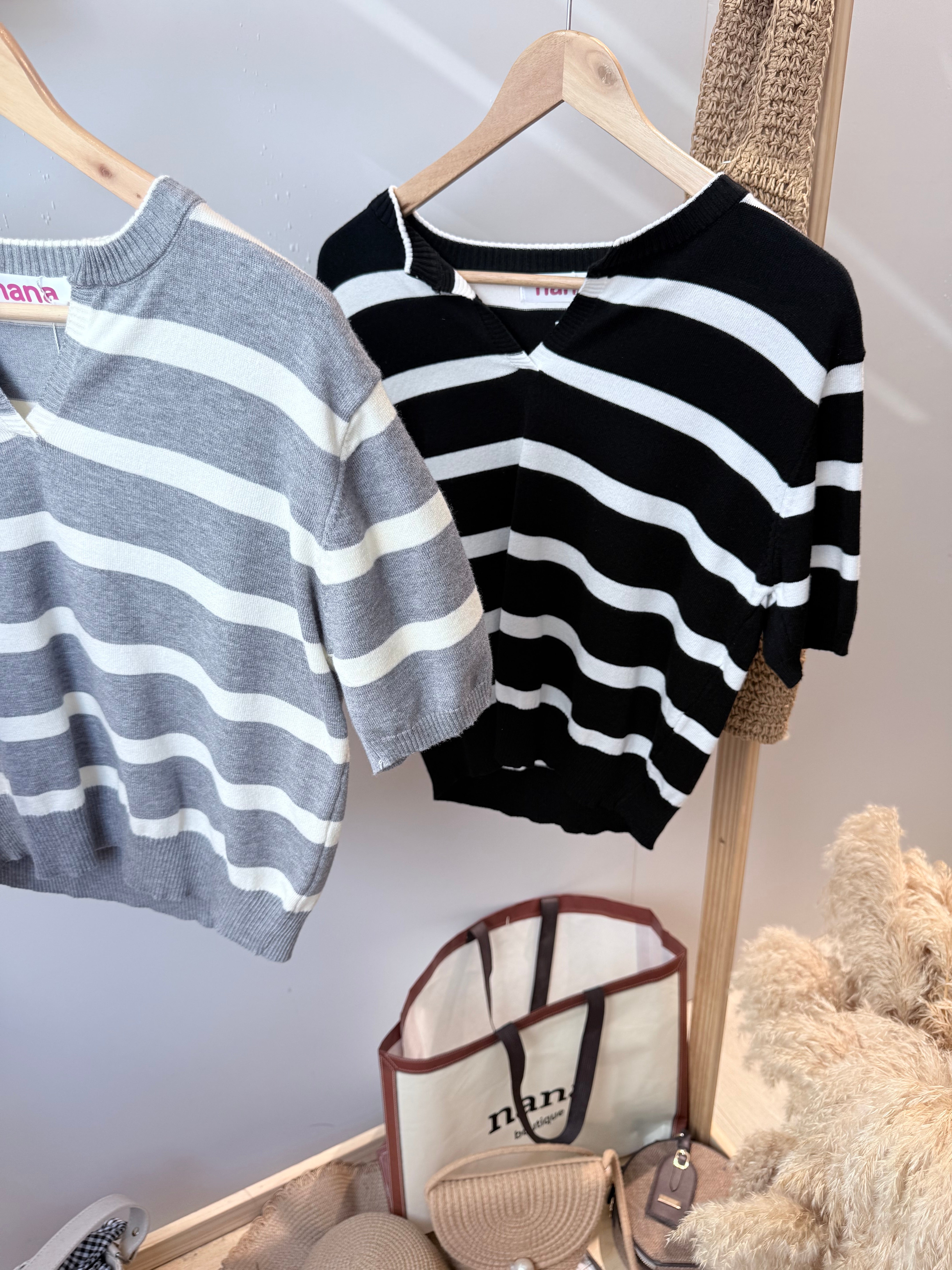 线条针织微V领上衣