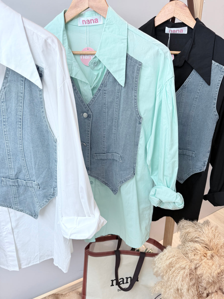 帅气显瘦瘦假马甲牛仔并接衬衫