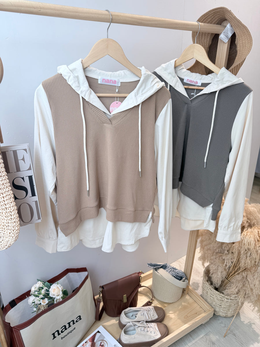 复古条纹撞色雪纺家两件连帽上衣