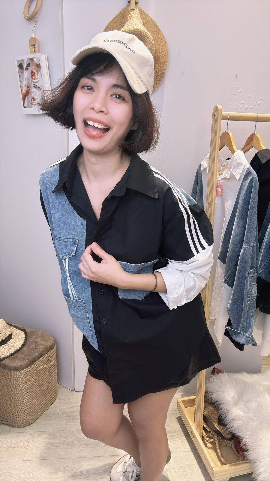 帅气牛仔并衬衫假两件上衣