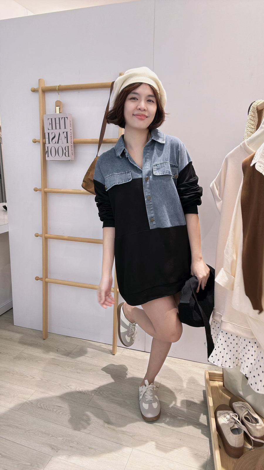 帅气款牛仔并条纹棉质半长衣