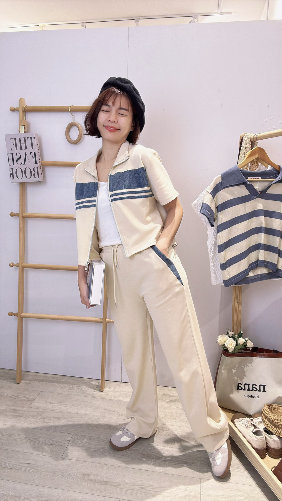 Cotton并牛仔边舒服长裤显腿长套装