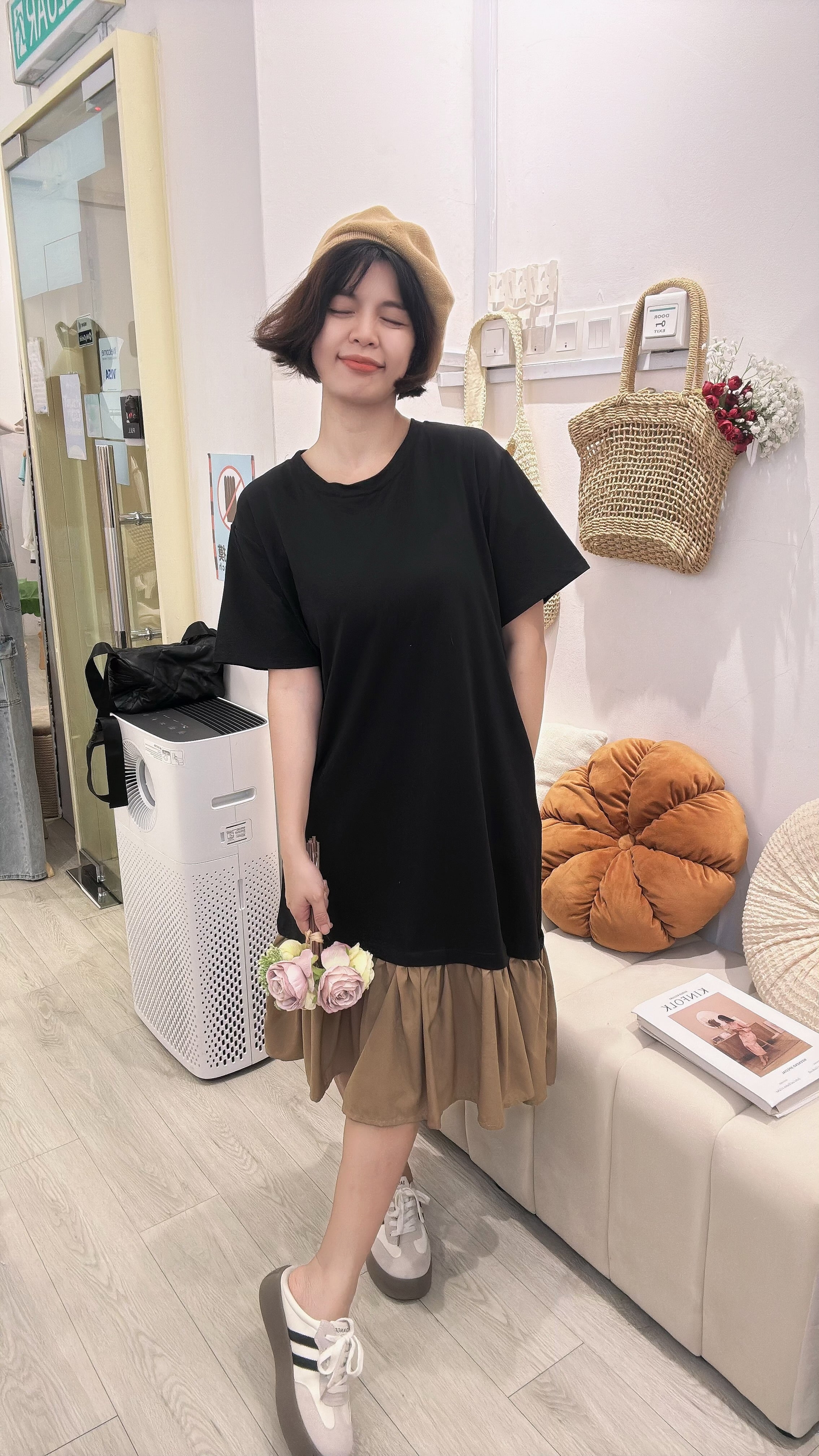 Cotton并接鱼尾雪纺连身裙