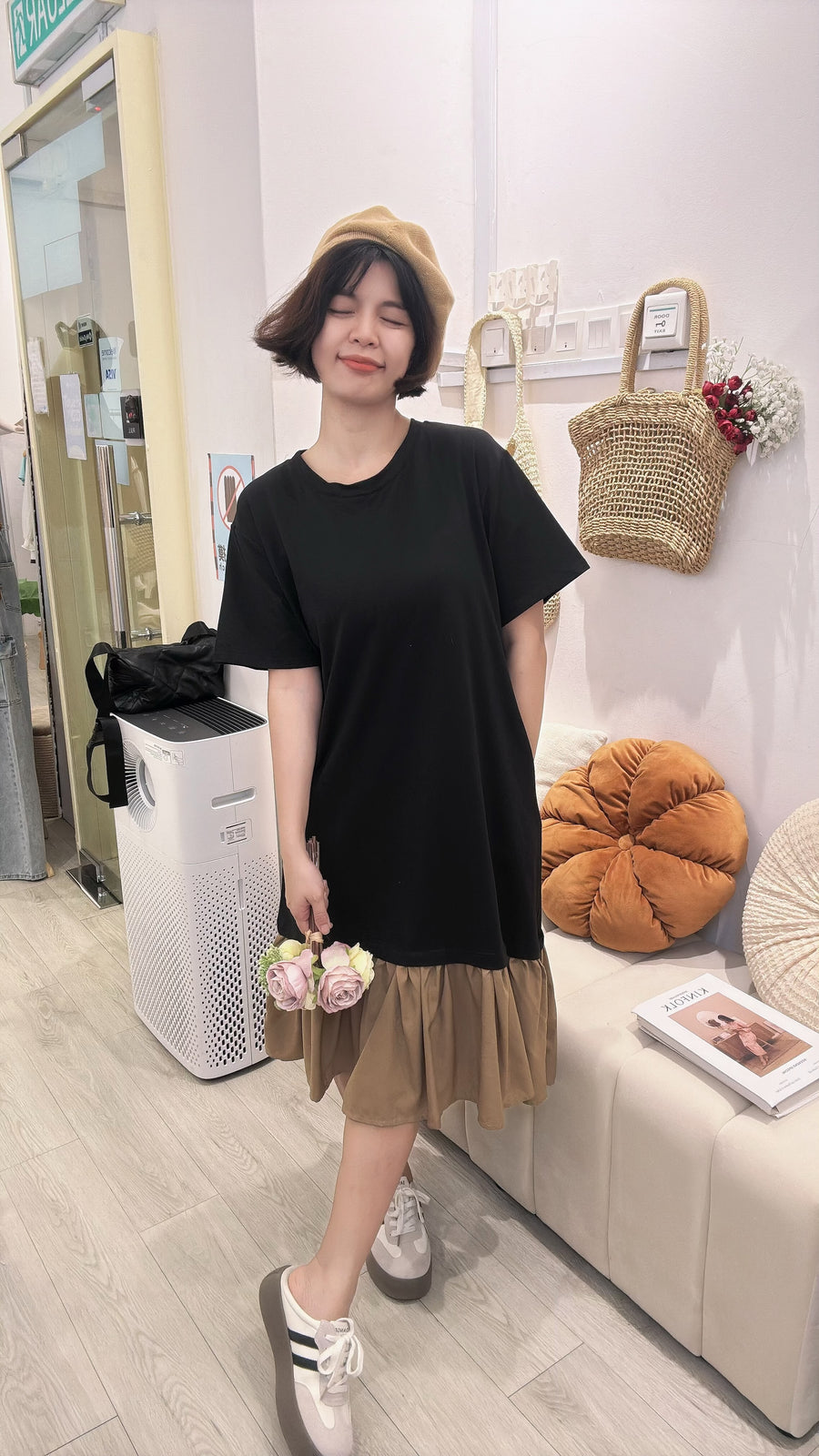 Cotton并接鱼尾雪纺连身裙
