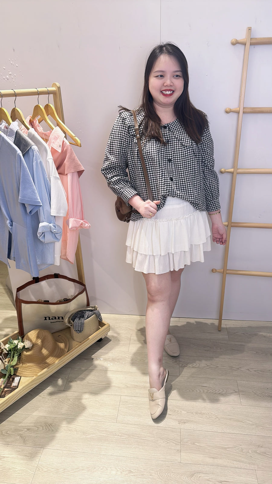 荷叶领格子麻料上衣