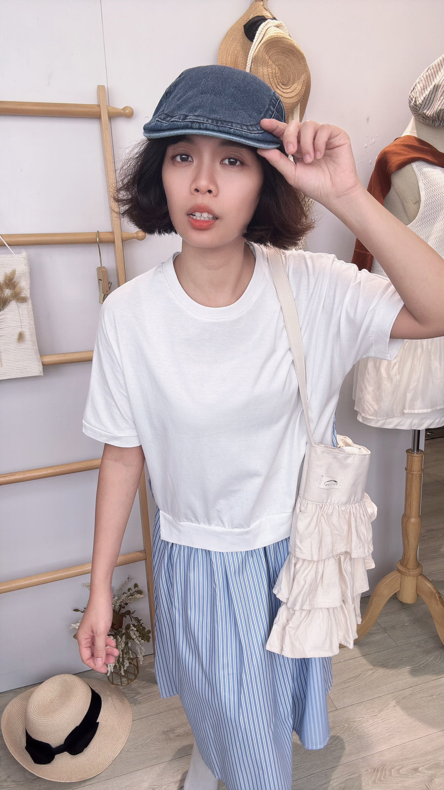 假两件条纹并接连身裙