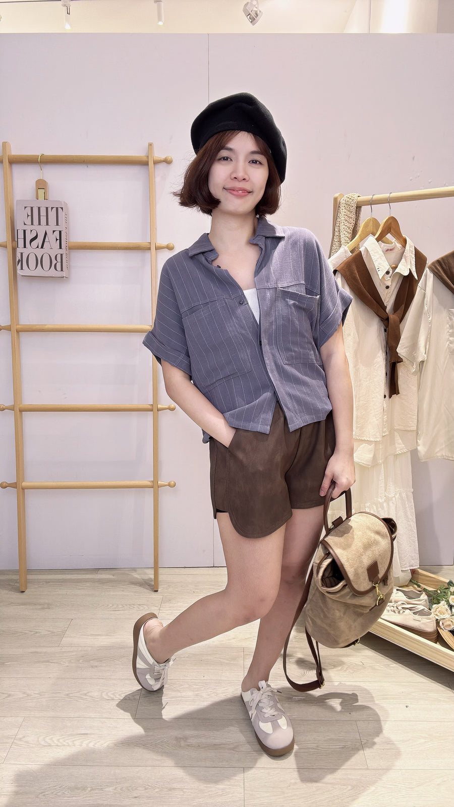 优质麻料虚线短版衬衫