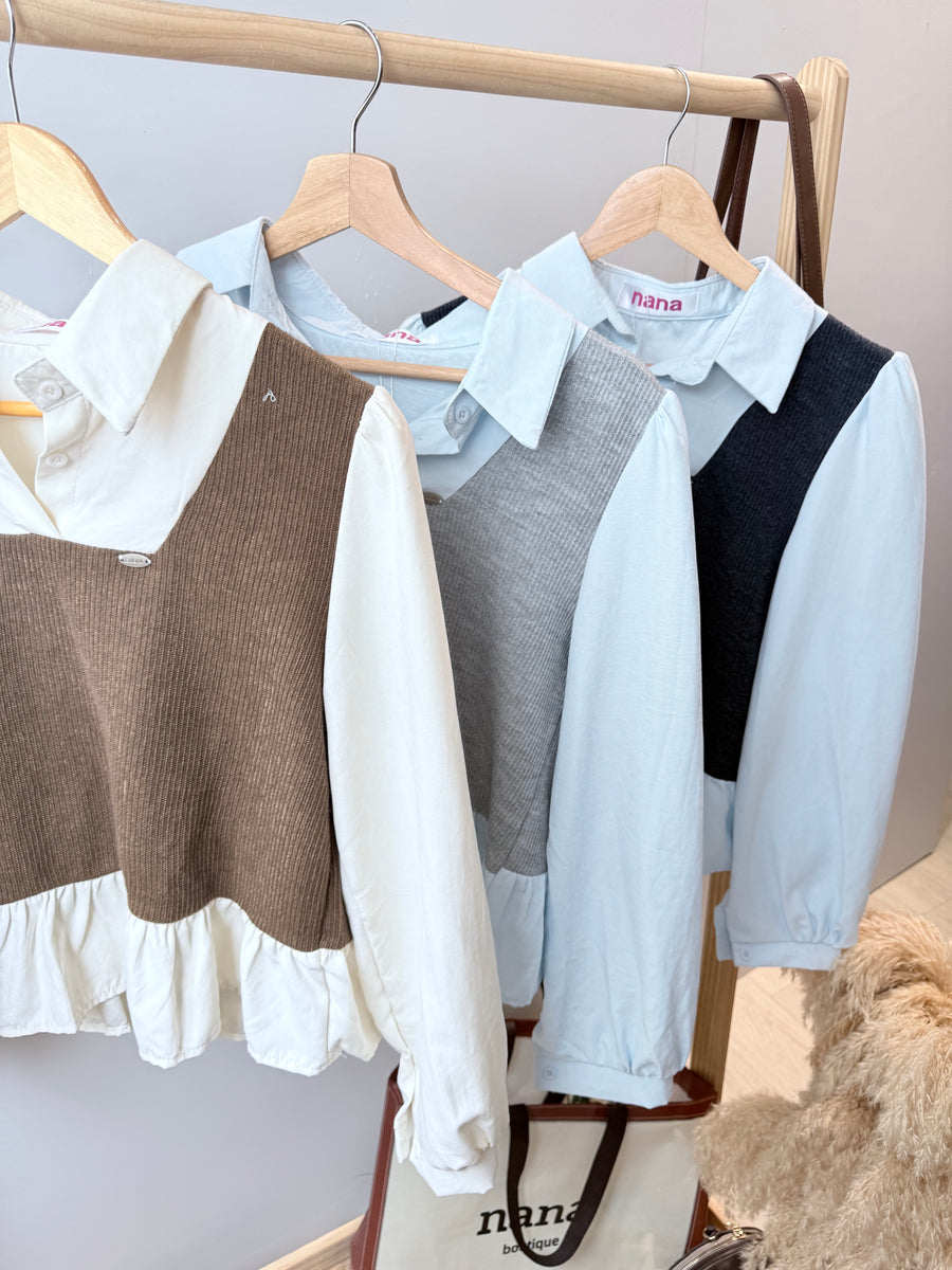 韩版漂亮滑雪纺并中间针织上衣