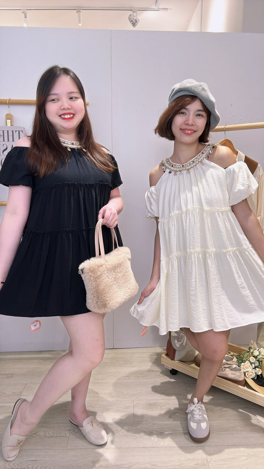 波西米亚风露肩泡泡袖短连身裙