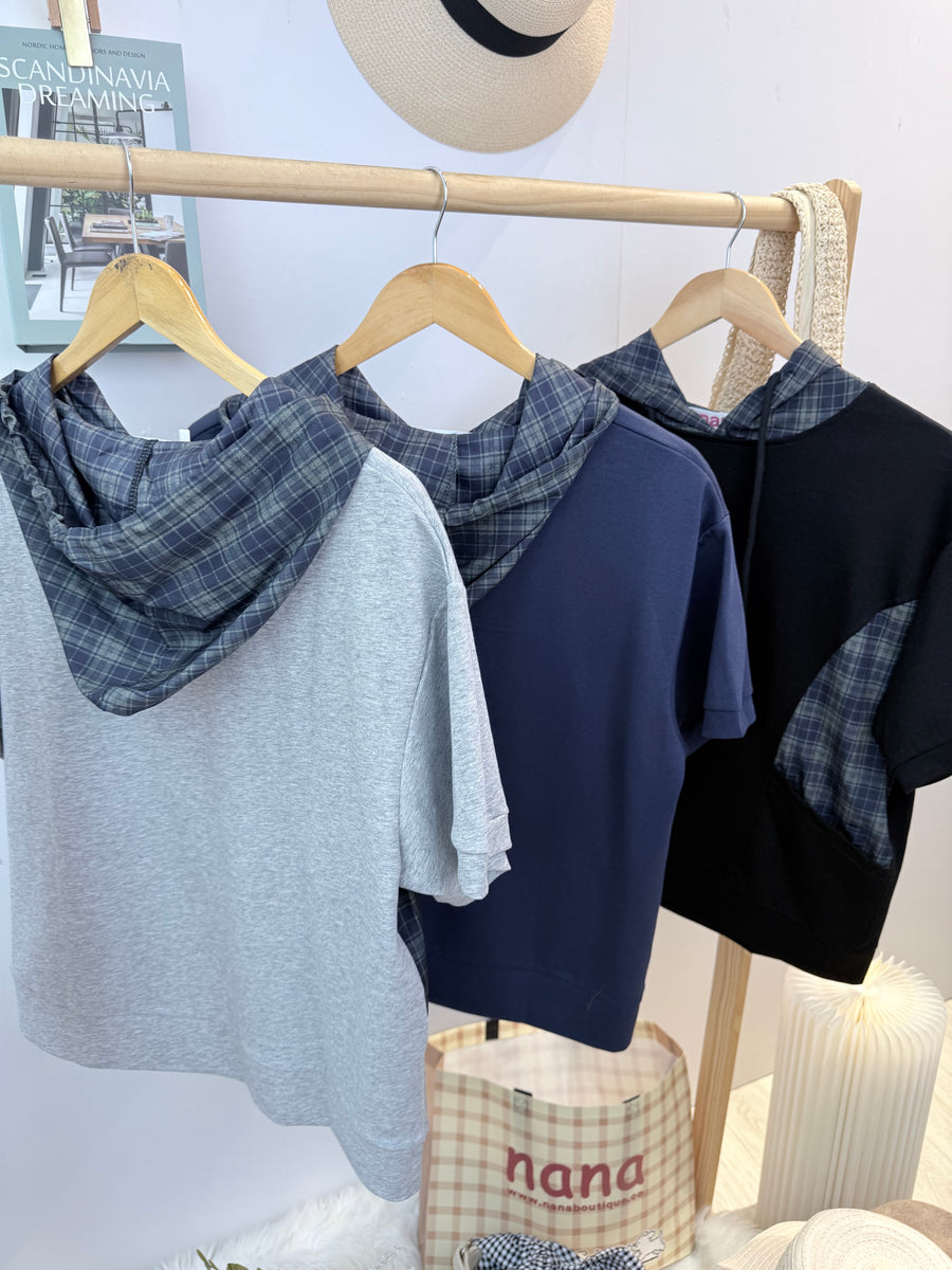 韩版好好看舒服格子连帽纯棉肩上衣