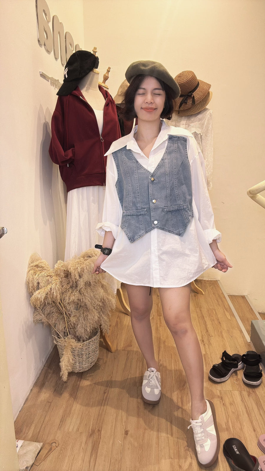 帅气显瘦瘦假马甲牛仔并接衬衫