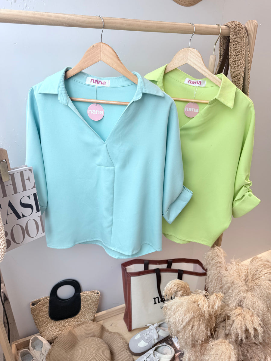 亮色V领雪纺衬衫