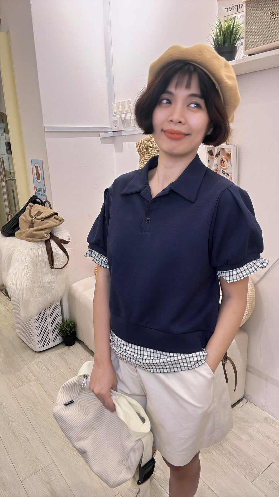 甜美滑滑棉质并接格子棉麻上衣