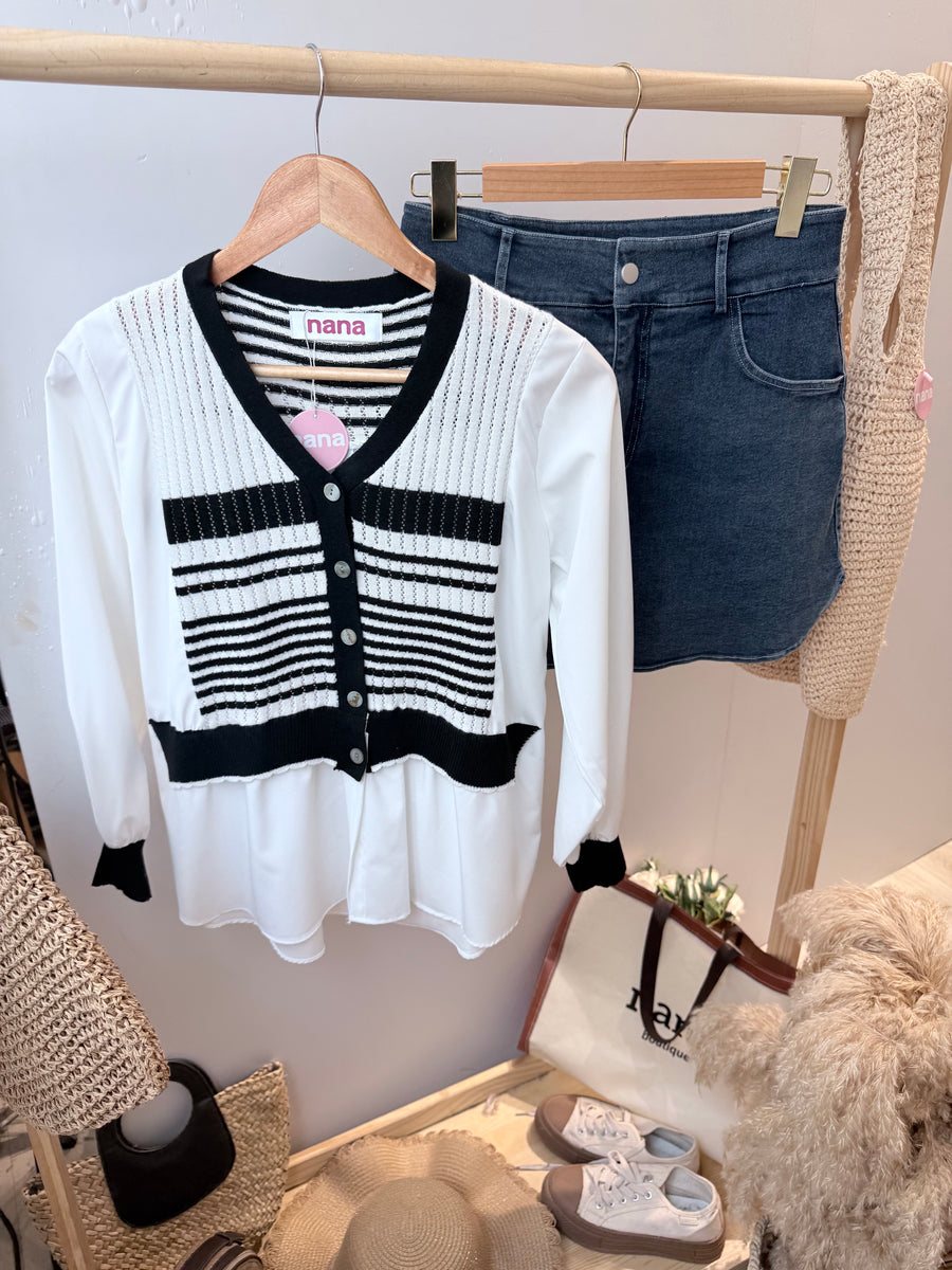 显瘦镂空针织雪纺上衣