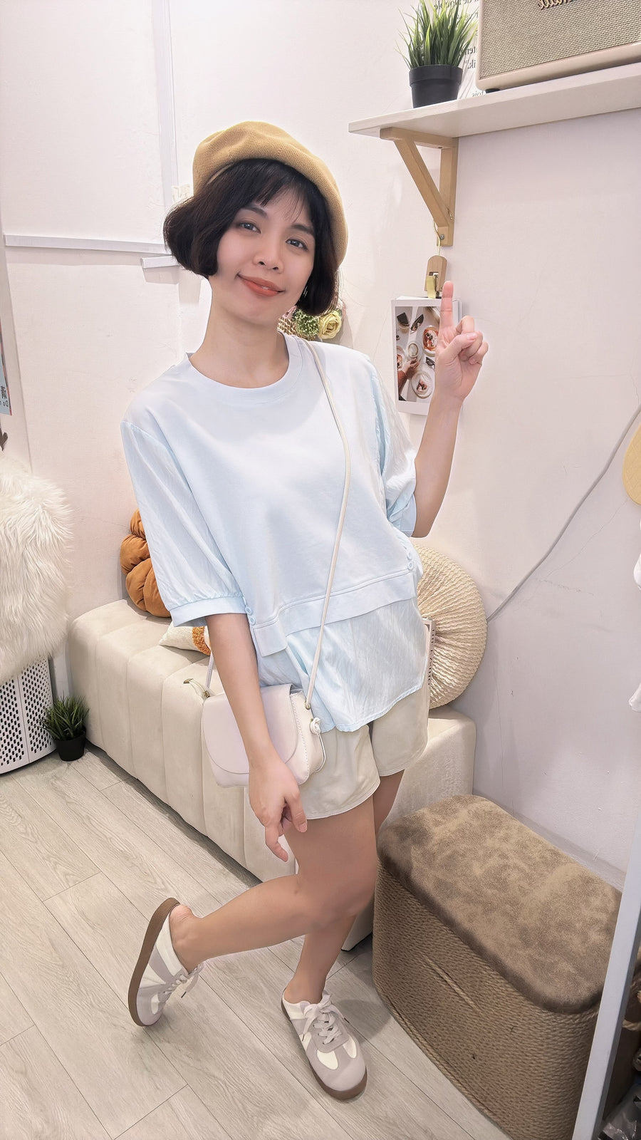 甜美宽松Cotton拼软polyester上衣