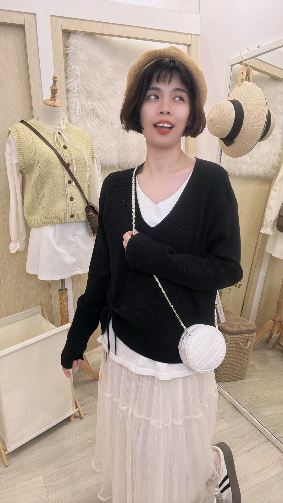 假两件软针织抽绳长袖上衣