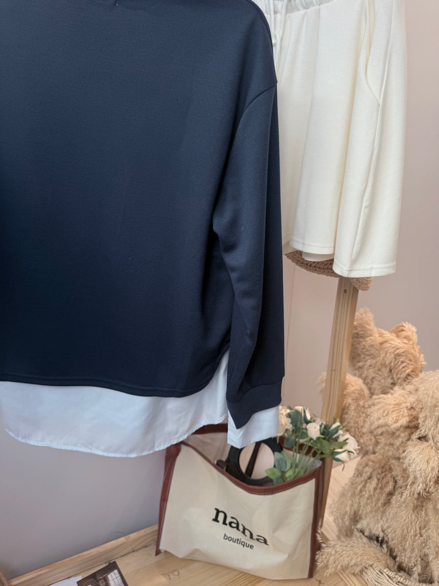 蓝色滑滑好穿卫衣并接下摆衬衫上衣