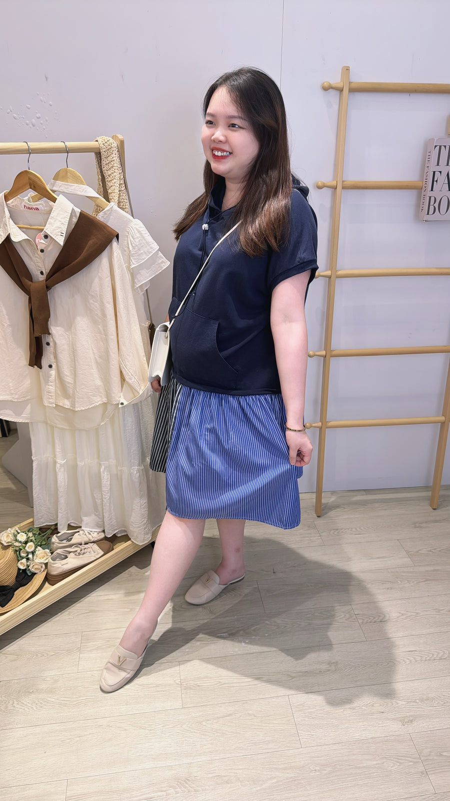 连帽Cotton并接线条衬衫连身裙