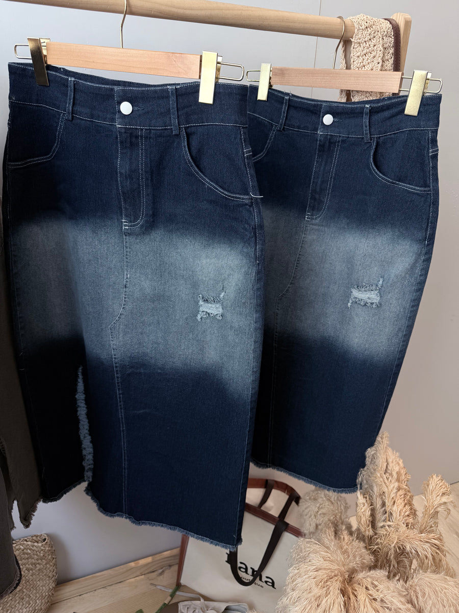 高质量牛仔渐层色后面开叉直身裙