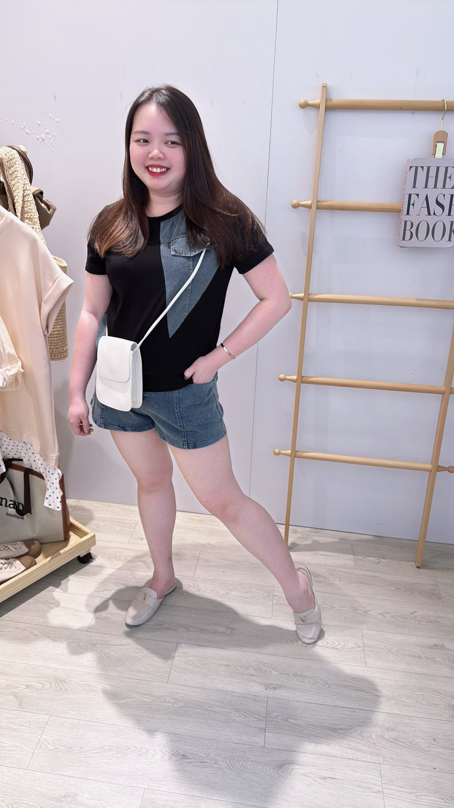 不规则棉质并接牛仔上衣