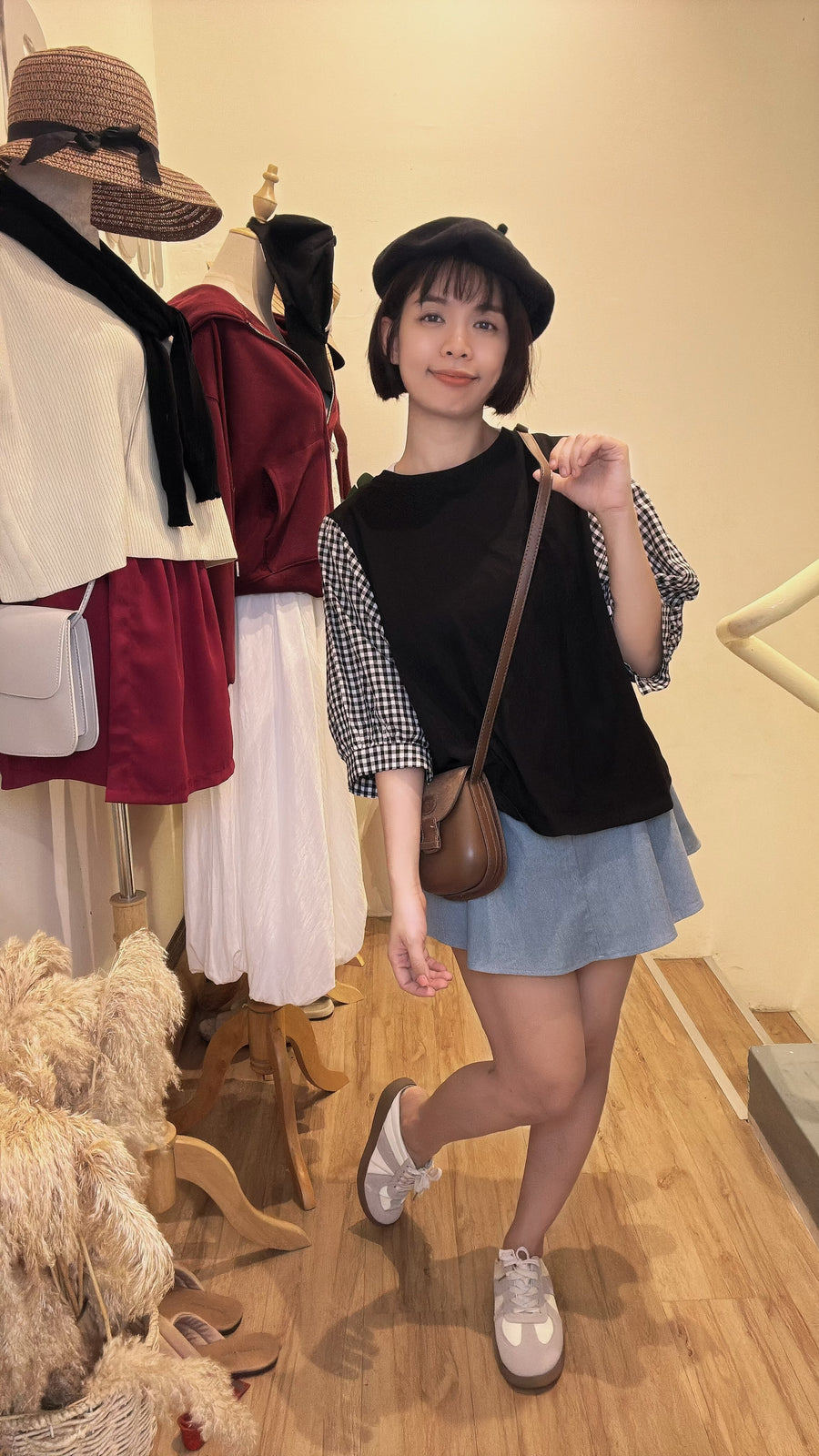 cotton并接格子上衣