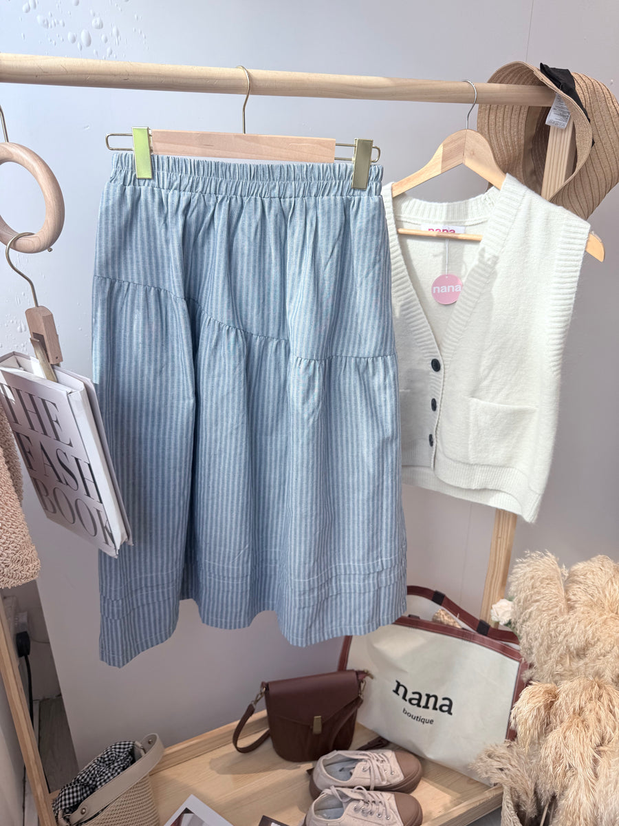 气质蓝白线条麻料长裙