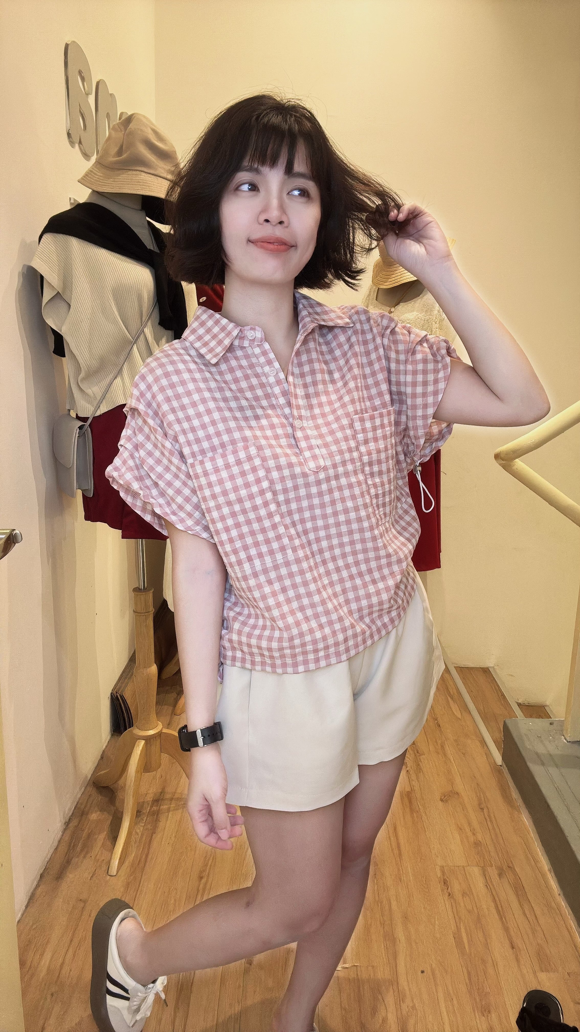 甜美爱心格子薄款棉麻上衣