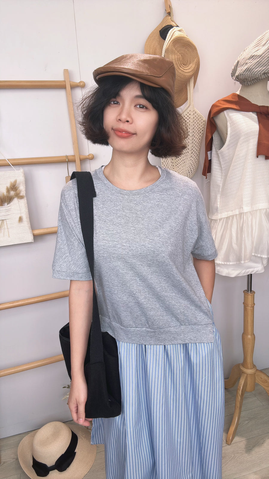 假两件条纹并接连身裙