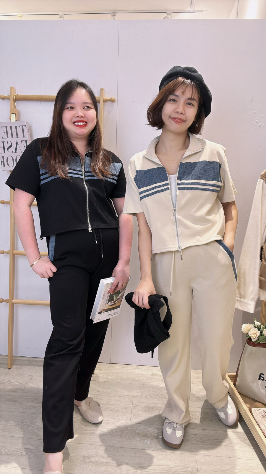 Cotton并牛仔边舒服长裤显腿长套装