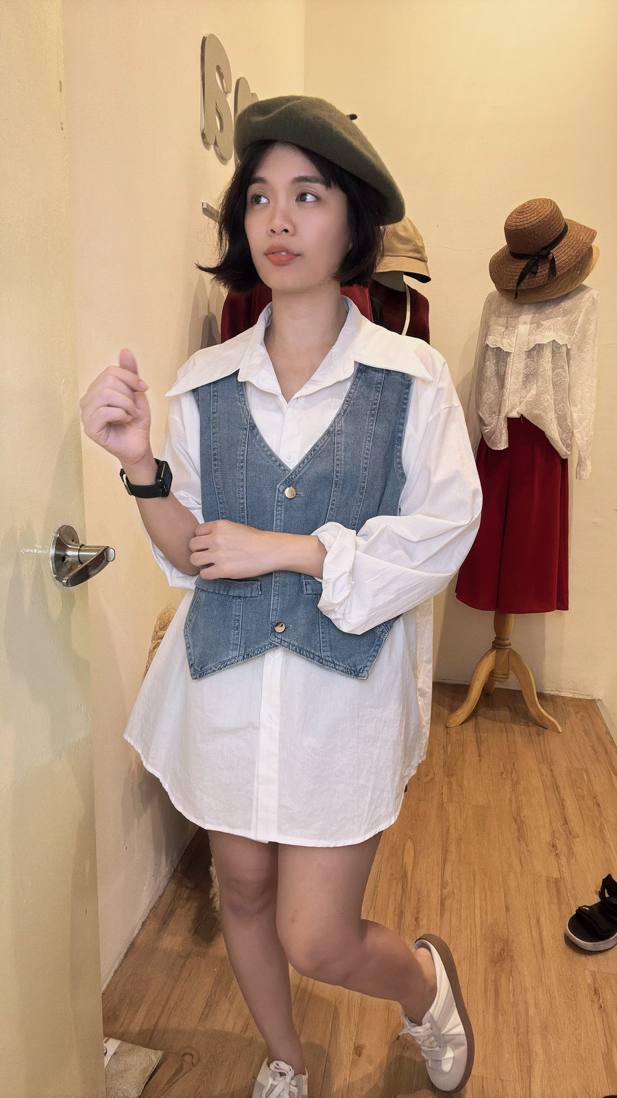 帅气显瘦瘦假马甲牛仔并接衬衫