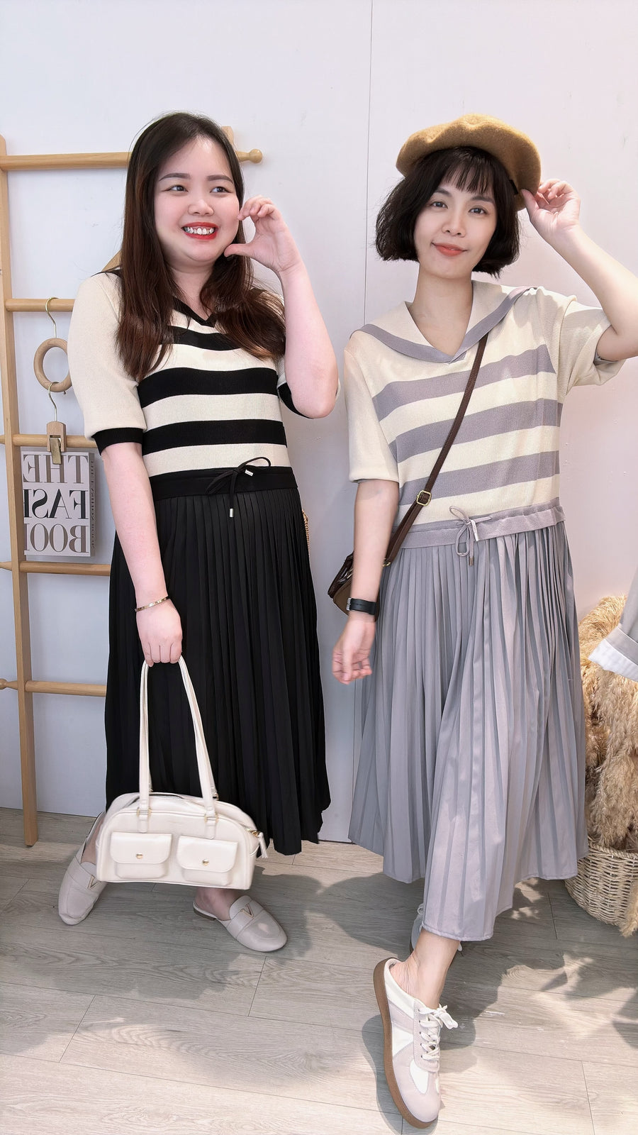 线条针织并接雪纺百折连身裙