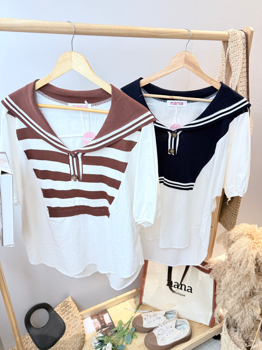 水手风冰丝针织并接薄雪纺上衣